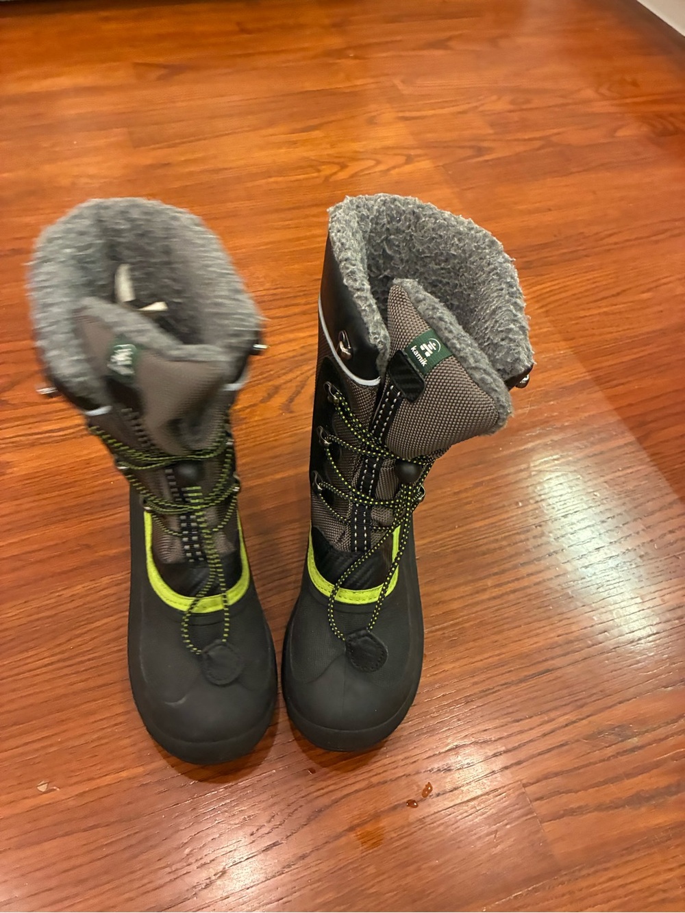 Kamik Kids Winter Boots in Black and Grey with Lime Accents